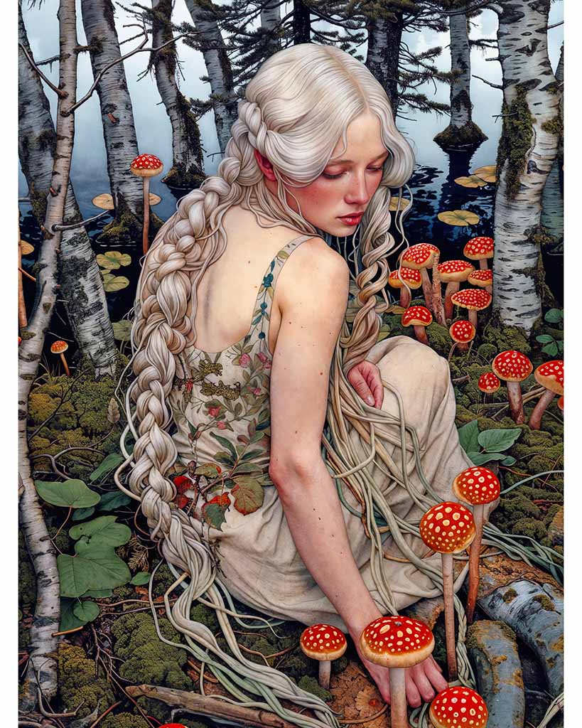 Young woman sitting by the lake, looking at poisonous mushrooms.