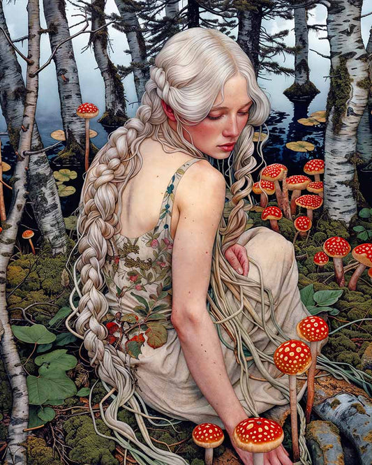Young woman sitting by the lake, looking at poisonous mushrooms.