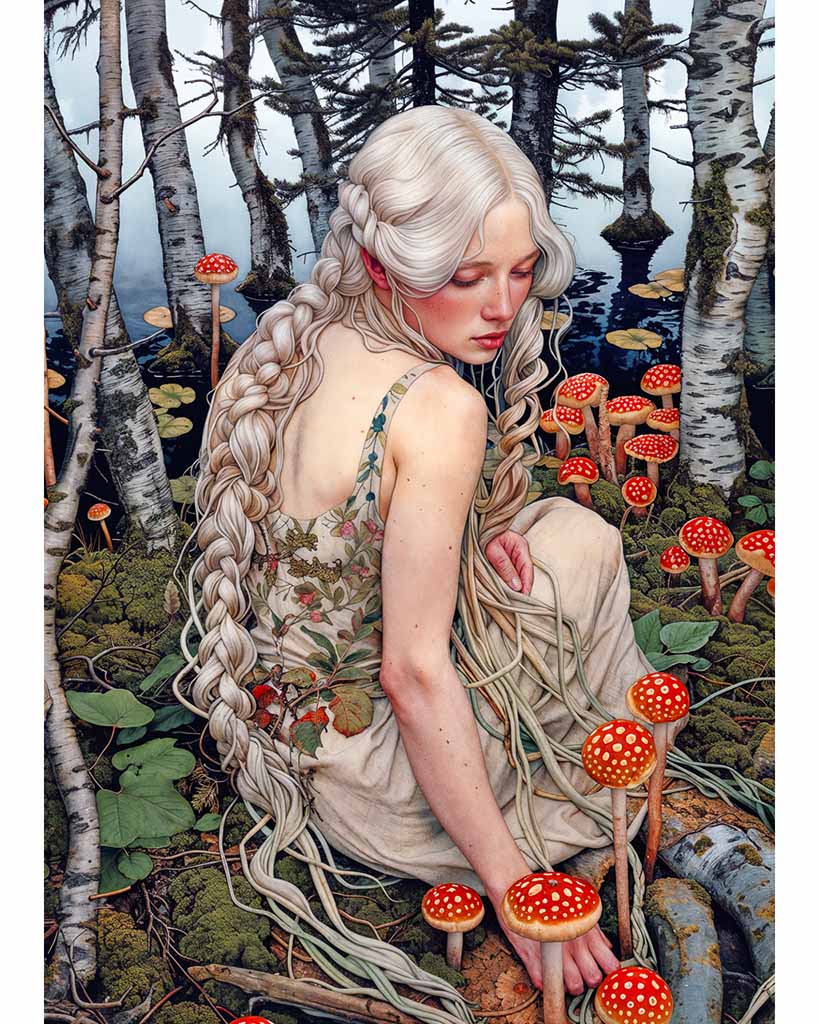 Young woman sitting by the lake, looking at poisonous mushrooms.
