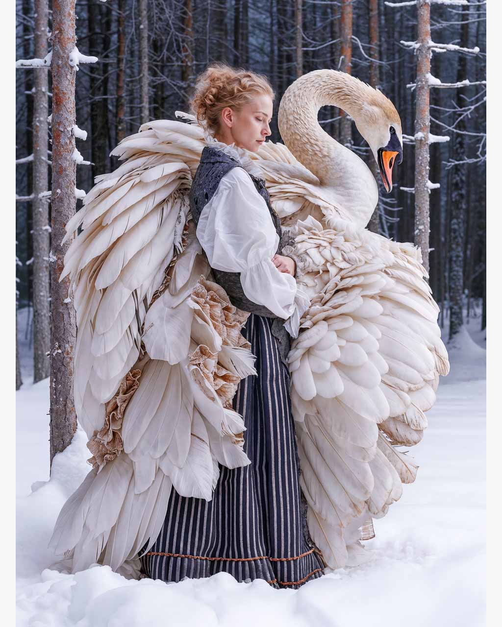 Woman and a large swan standing in a snowy forest.