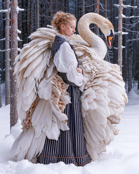 Woman and a large swan standing in a snowy forest.