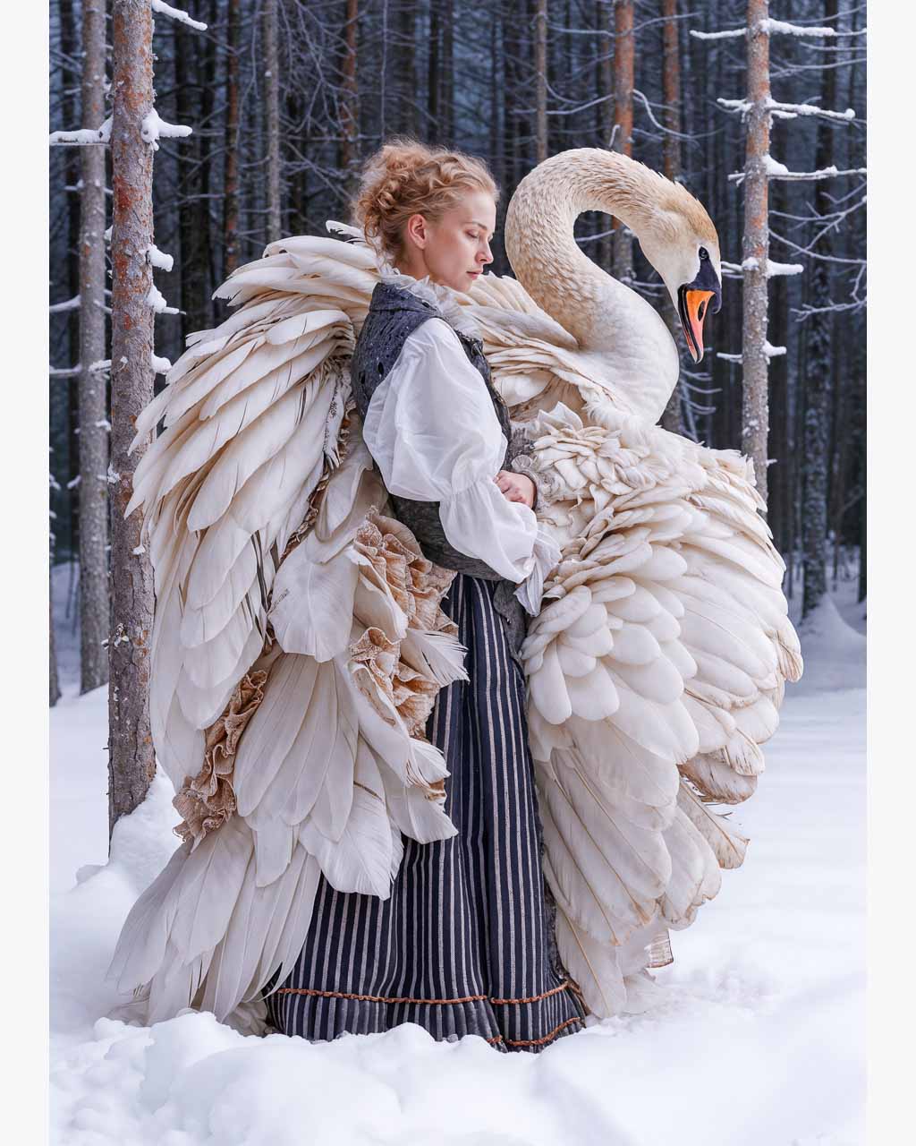 Woman and a large swan standing in a snowy forest.