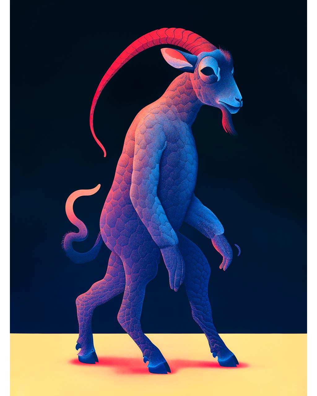 A vibrant three-legged goat walking about.