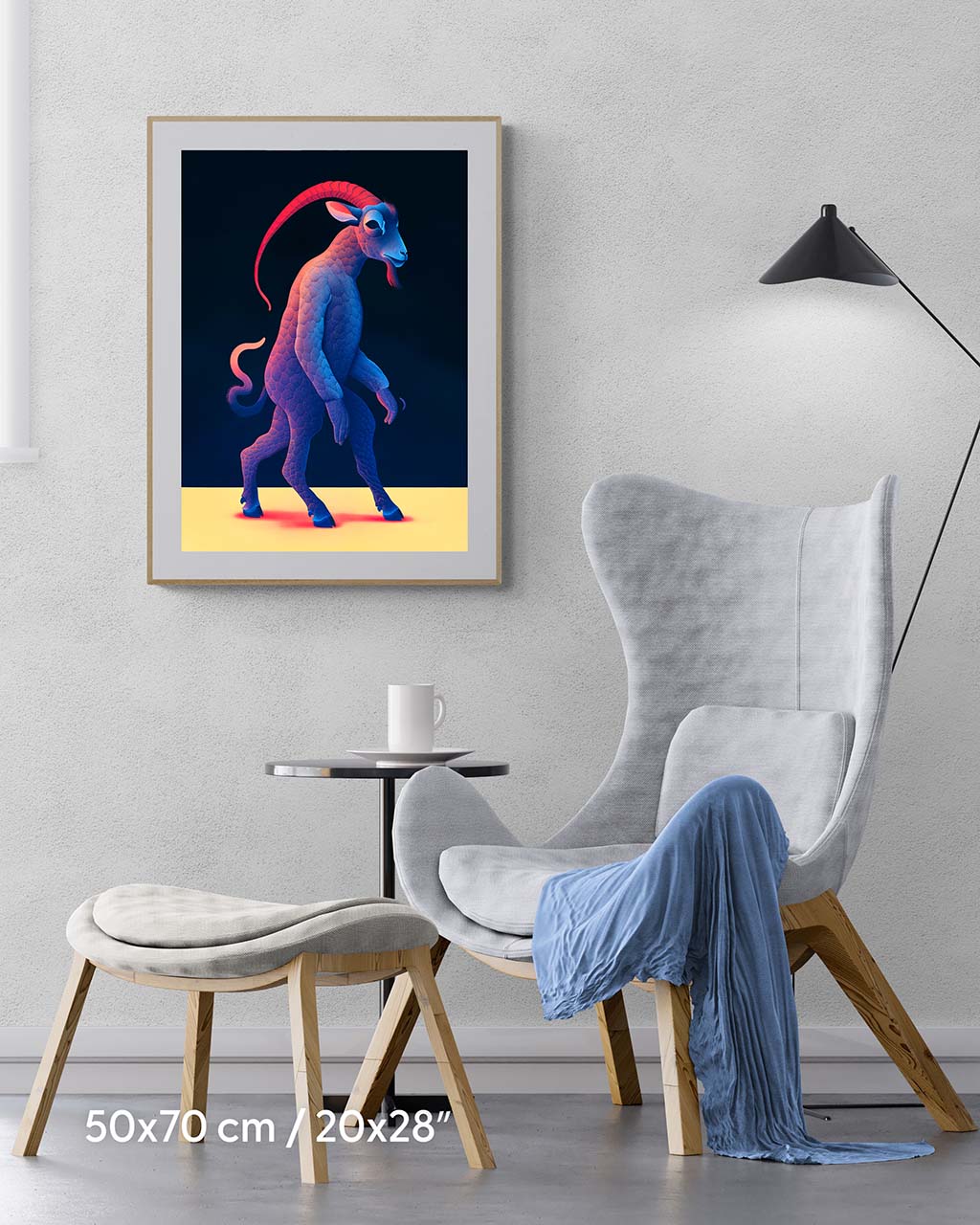 Frame art poster on the wall. The poster features a vibrant three-legged goat walking about.
