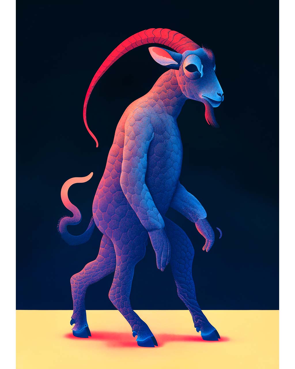 A vibrant three-legged goat walking about.