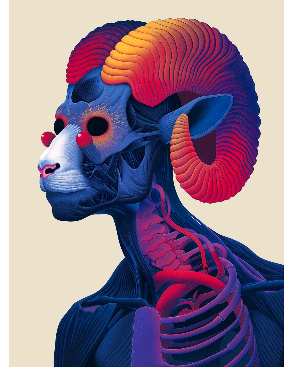 A vibrant image of a psychedelic skeleton goat.