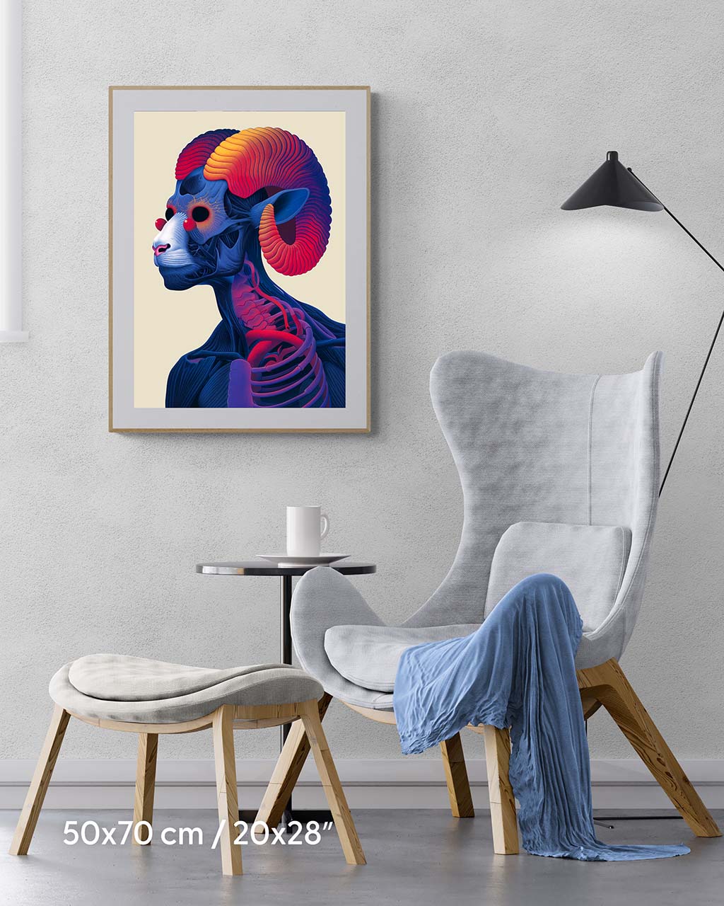 Art poster on the wall. A vibrant image of a psychedelic skeleton goat.