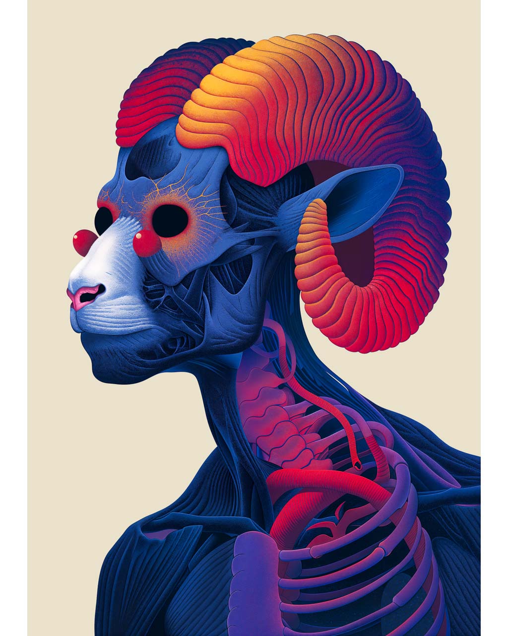 A vibrant image of a psychedelic skeleton goat.