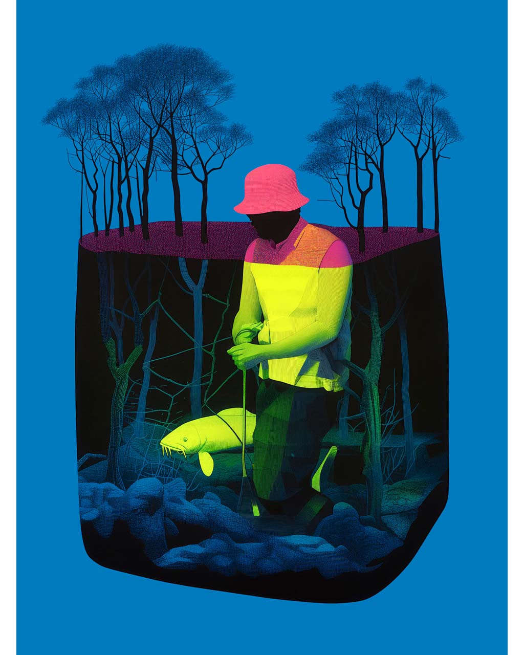 A surreal artwork titled "Submerged," depicting a figure in a vibrant pink and green outfit standing in water, holding a fishing rod with a fish. The deep blue background contrasts with the colorful figure and silhouetted trees above, creating a captivating scene.