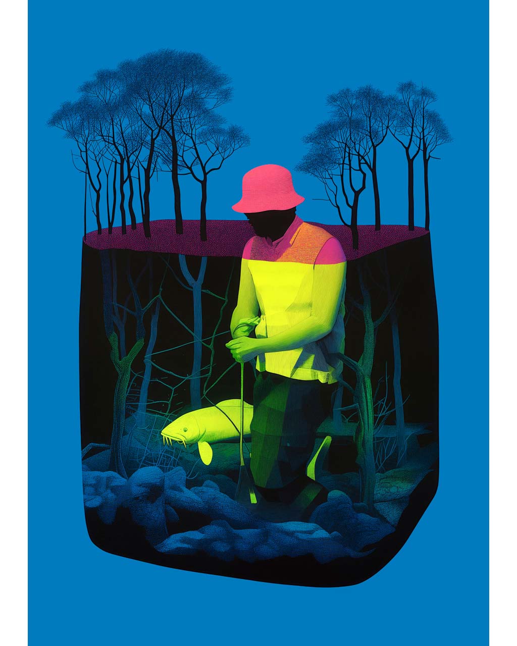 A surreal artwork titled "Submerged," depicting a figure in a vibrant pink and green outfit standing in water, holding a fishing rod with a fish. The deep blue background contrasts with the colorful figure and silhouetted trees above, creating a captivating scene.