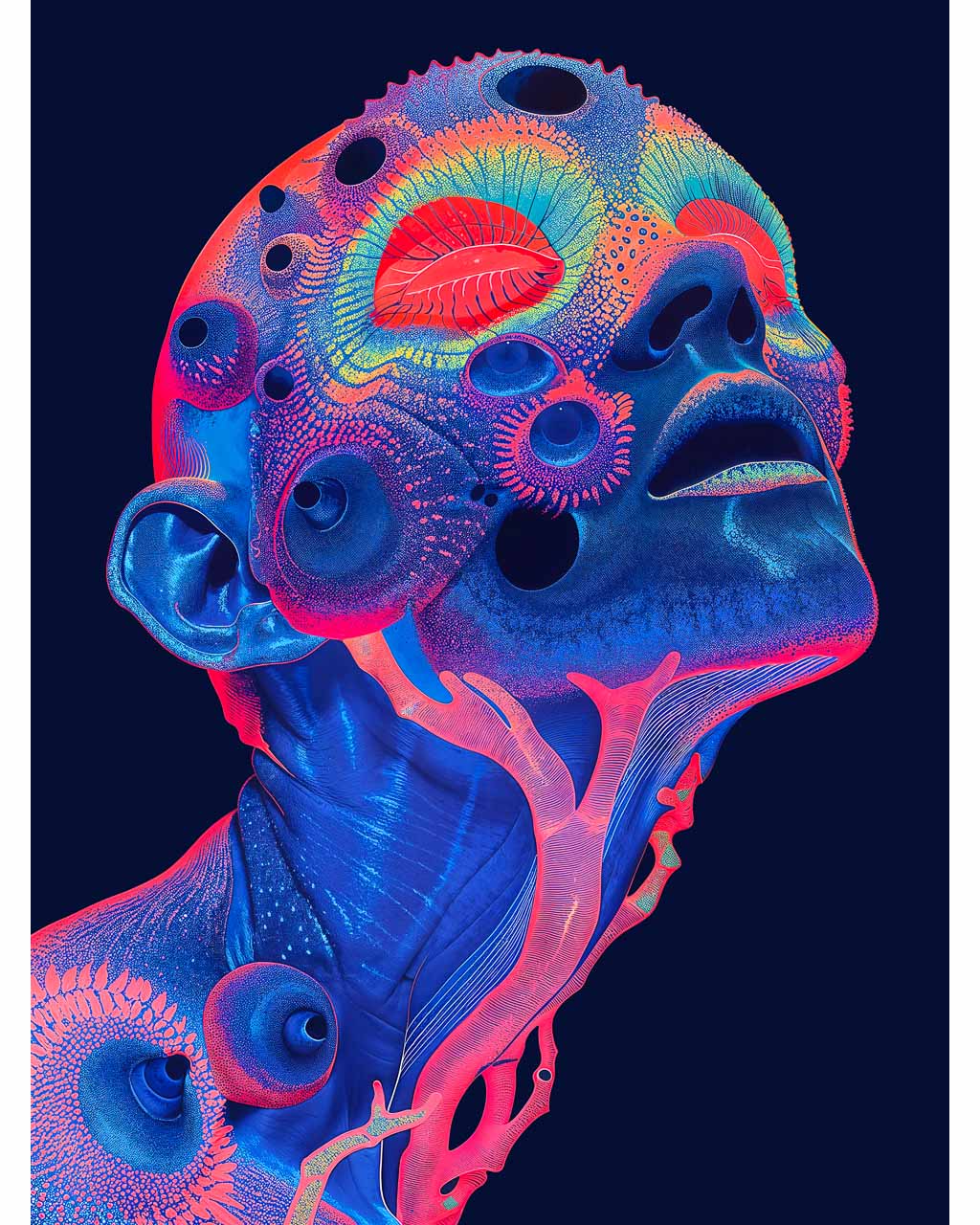 Psychedelic man in colors of red and blue looking up