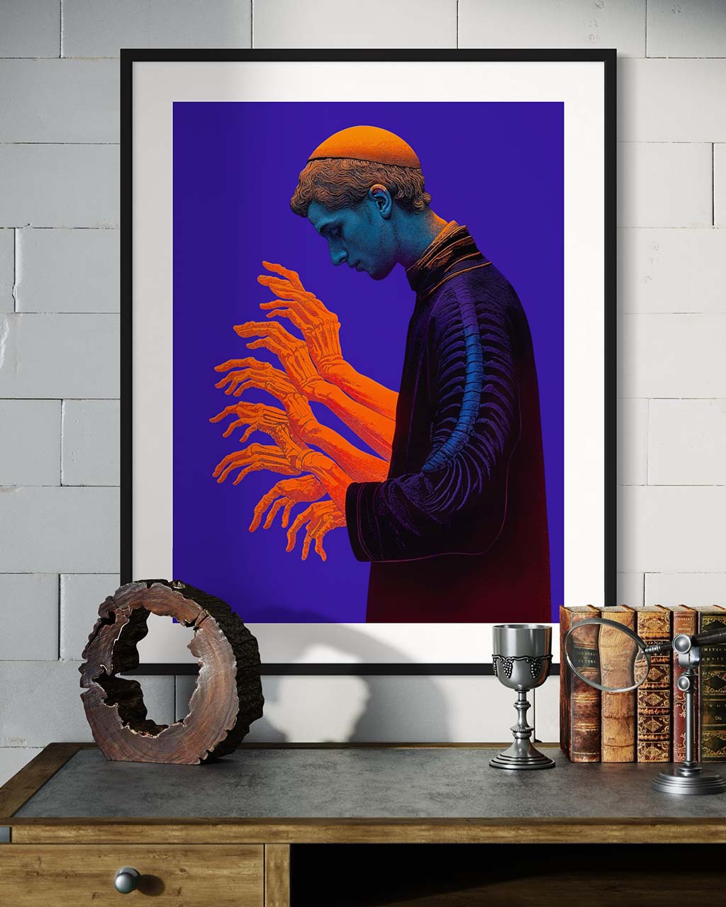 Artwork "Man of Faith" displayed as a poster in a modern interior setting. The poster features a contemplative figure with several skeletal hands extending from him against a bold purple background.