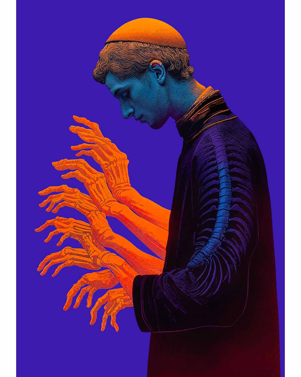 A surreal artwork titled "Man of Faith," depicting a contemplative figure in vibrant orange and blue, wearing a traditional cap. The figure has several skeletal hands extending from his body, set against a bold purple background.