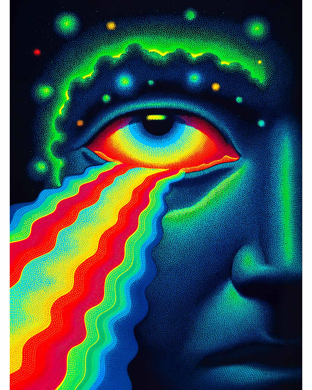 Colorful abstract design with eye and rainbow-like patterns on a dark background