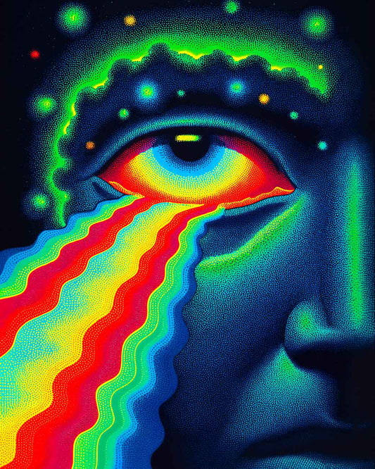 Colorful abstract design with eye and rainbow-like patterns on a dark background