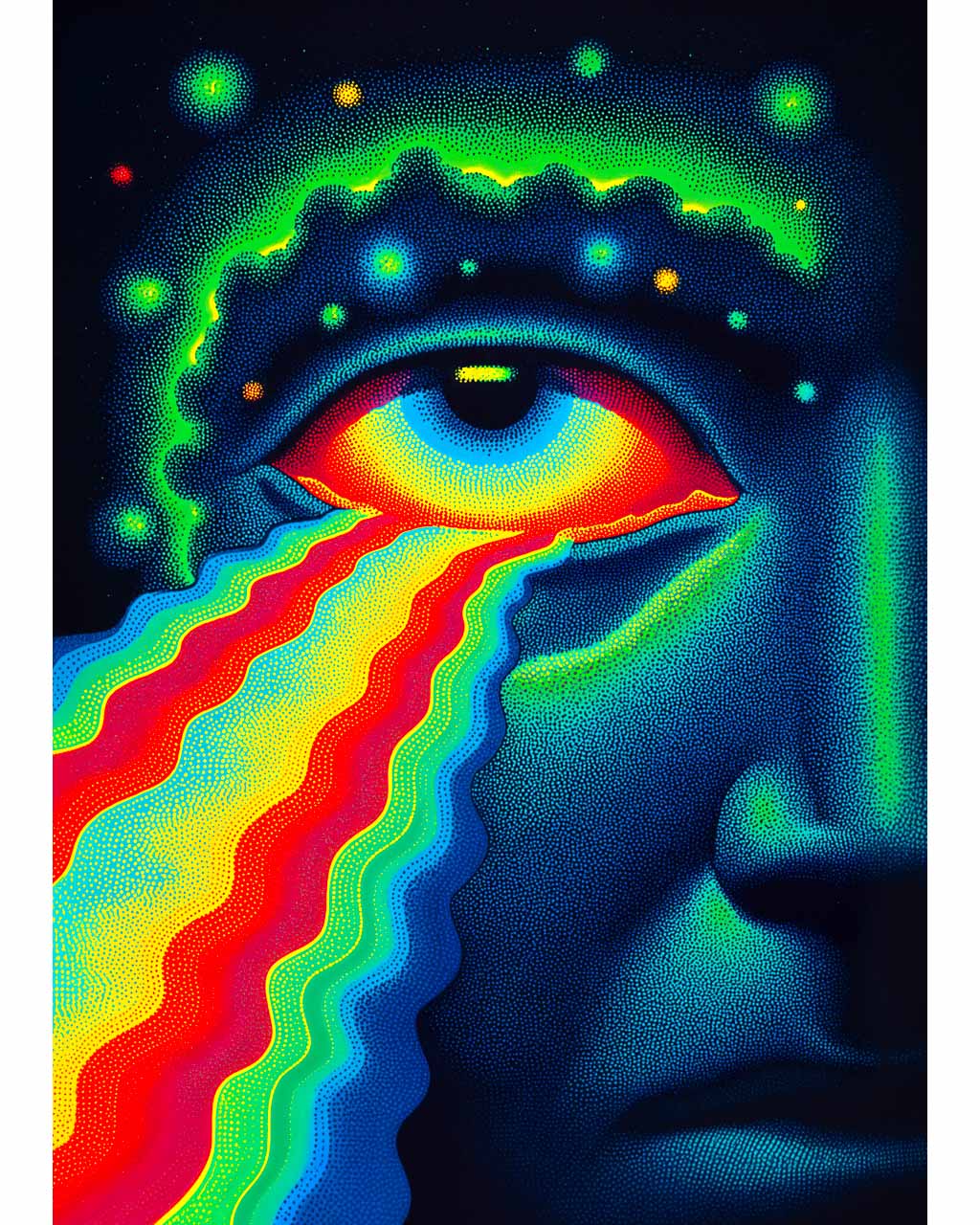 Colorful abstract design with eye and rainbow-like patterns on a dark background