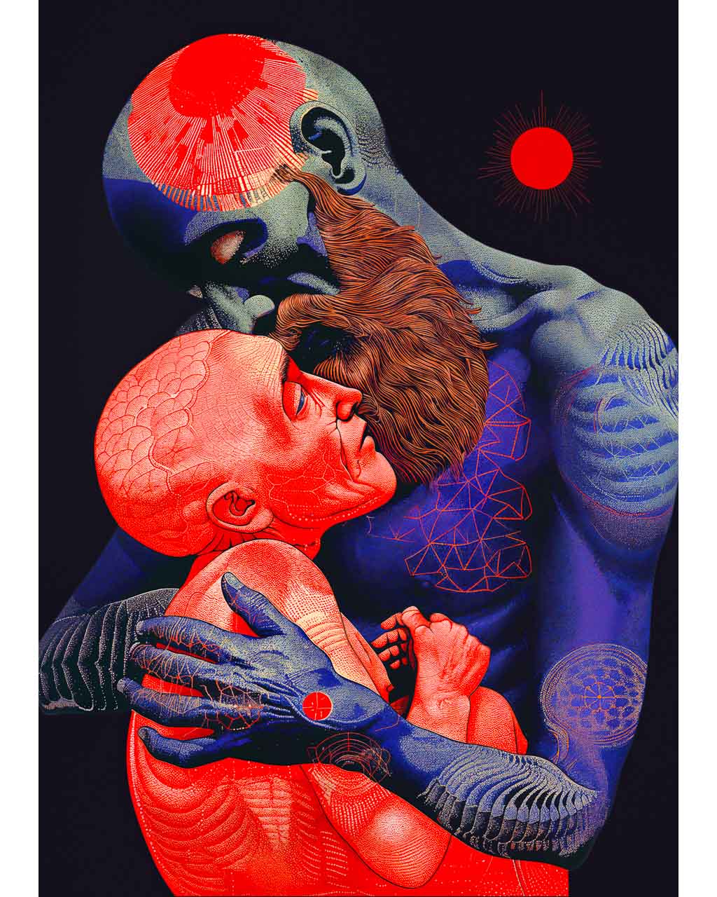 Surreal art poster depicting a blue man embracing a red woman.