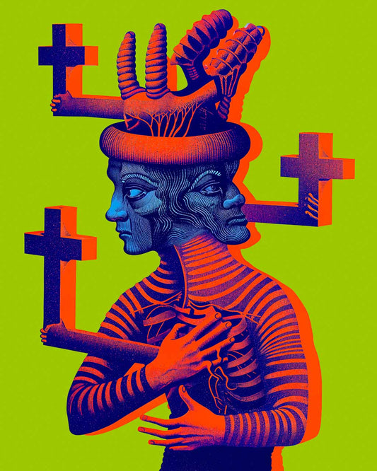 Art poster featuring a  vibrant cross-covered figure with two faces against bright green background.