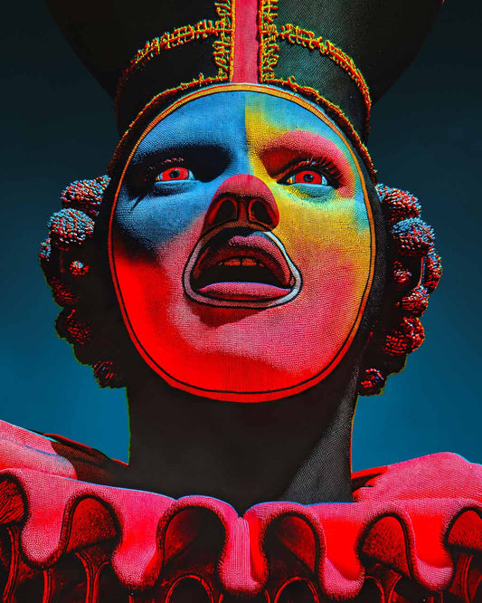 Colourful art poster featuring a closeup image of a surreal ringmaster.