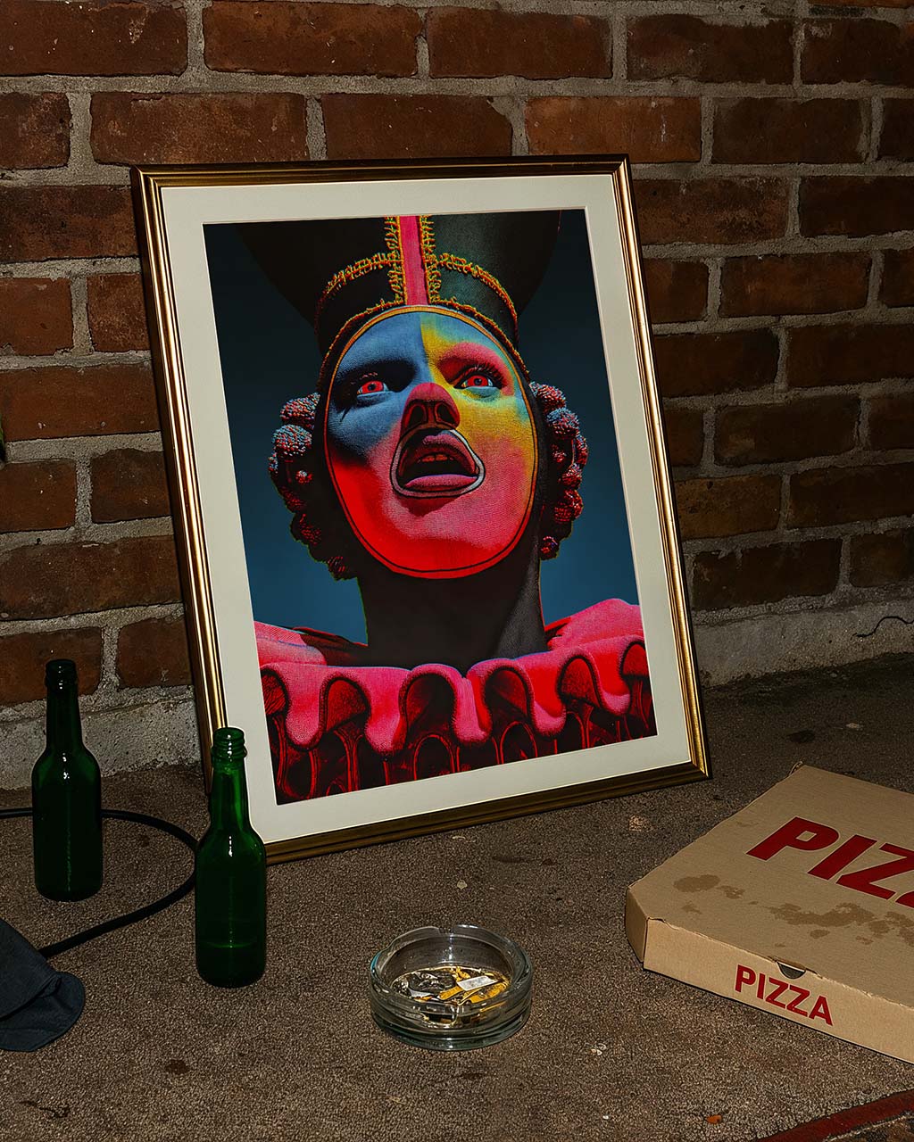 Art poster leaning against the wall in a messy room. The poster features a closeup image of a surreal ringmaster.