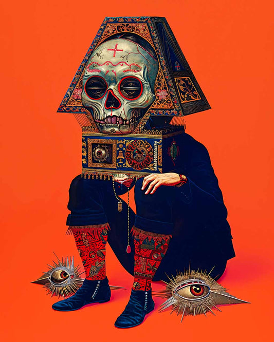 Surreal art poster featuring a lonely skeleton sitting down, wearing an ornate headpiece.