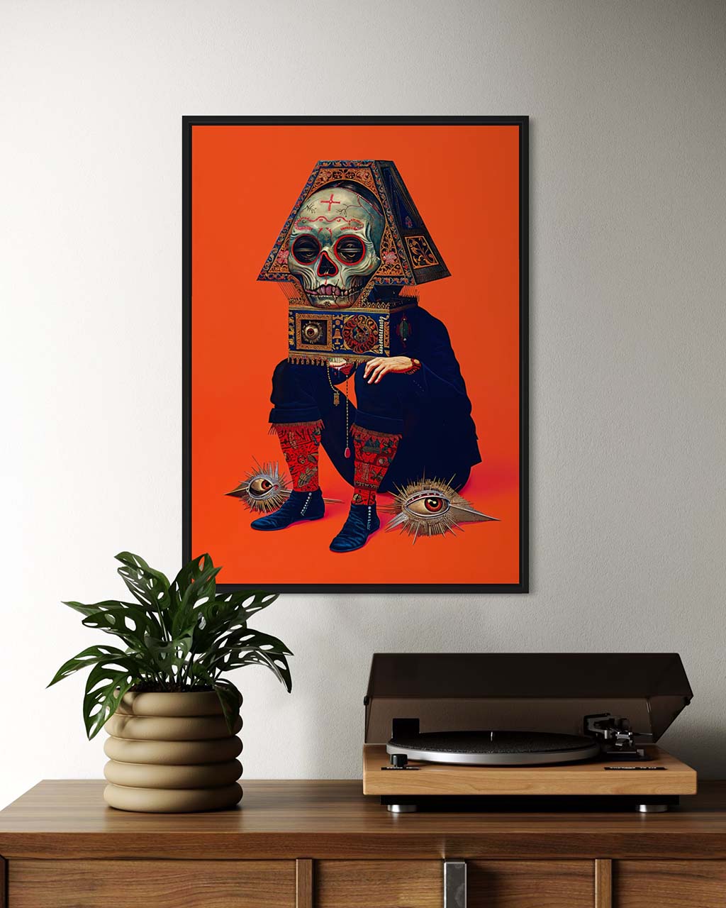 Mockup image of a surreal art poster on the wall. The poster features a lonely skeleton sitting down, wearing an ornate headpiece.