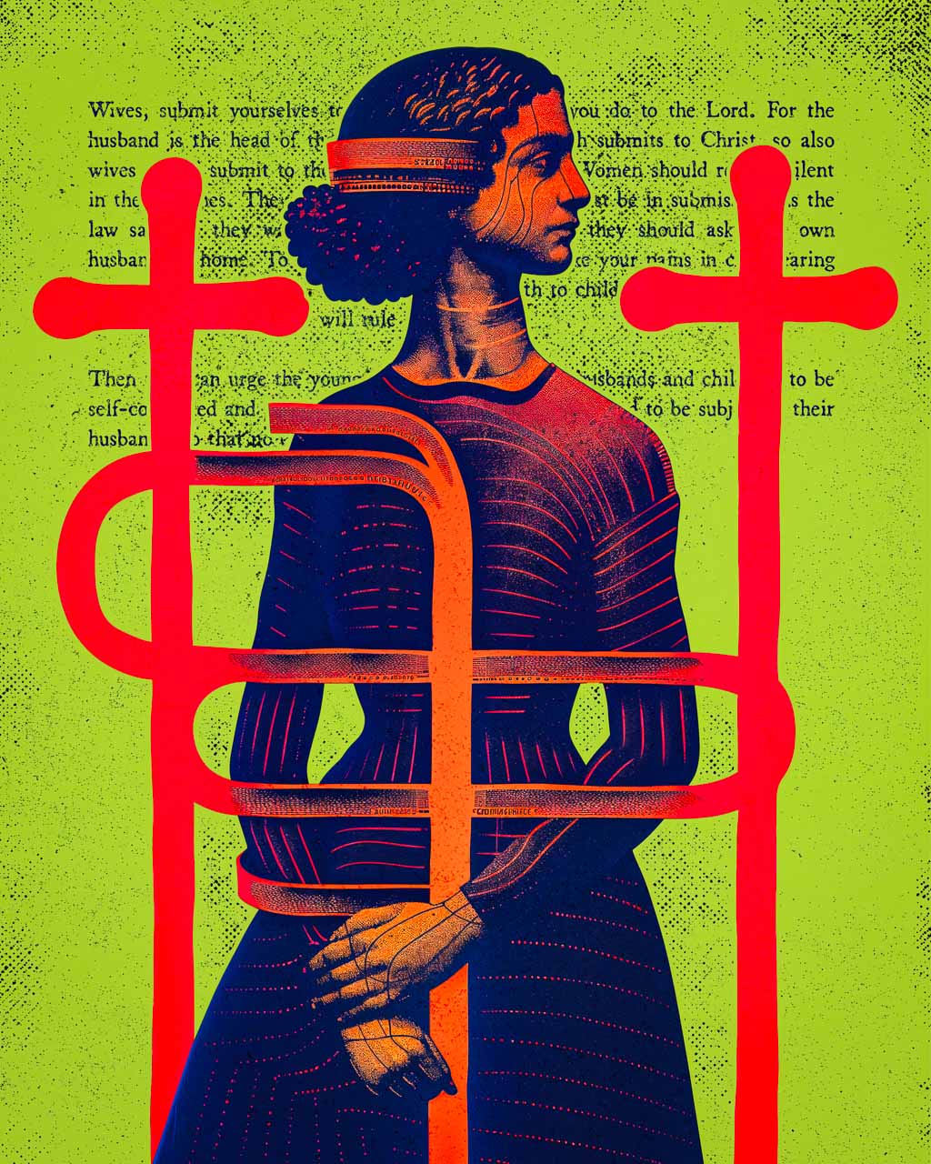 Art poster featuring a woman bound within a cage of red crosses, overlaid with Bible verses .