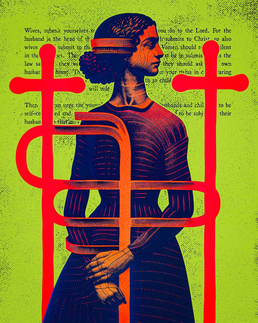 Art poster featuring a woman bound within a cage of red crosses, overlaid with Bible verses .