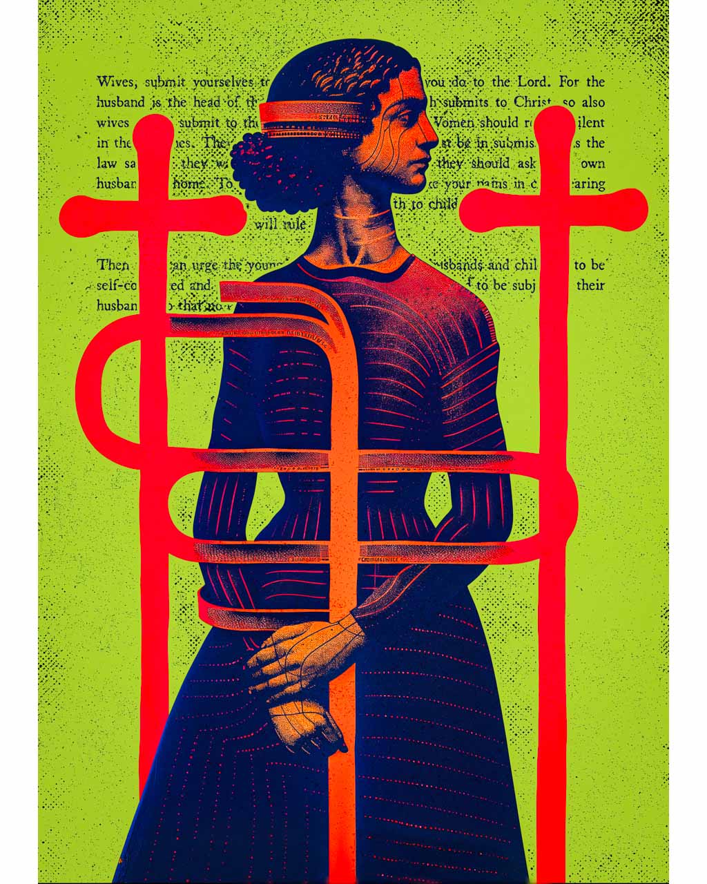 Art poster featuring a woman bound within a cage of red crosses, overlaid with Bible verses.