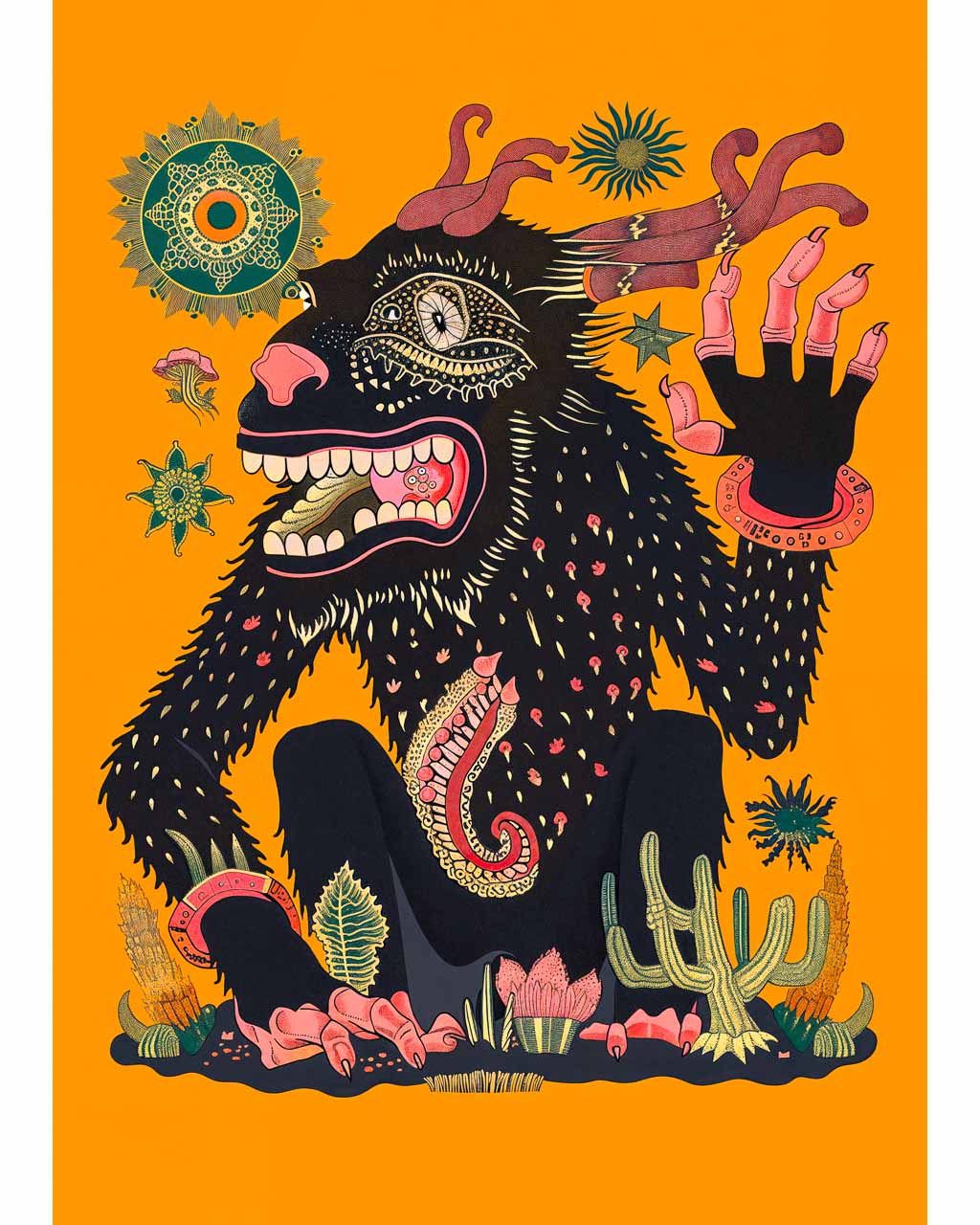 Surreal art poster featuring an illustration of a strange creature waving its hand.