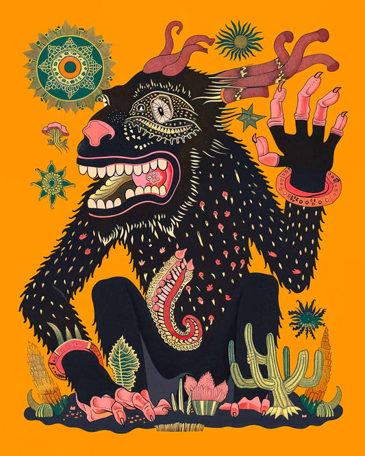 Surreal art poster featuring an illustration of a strange creature waving its hand.
