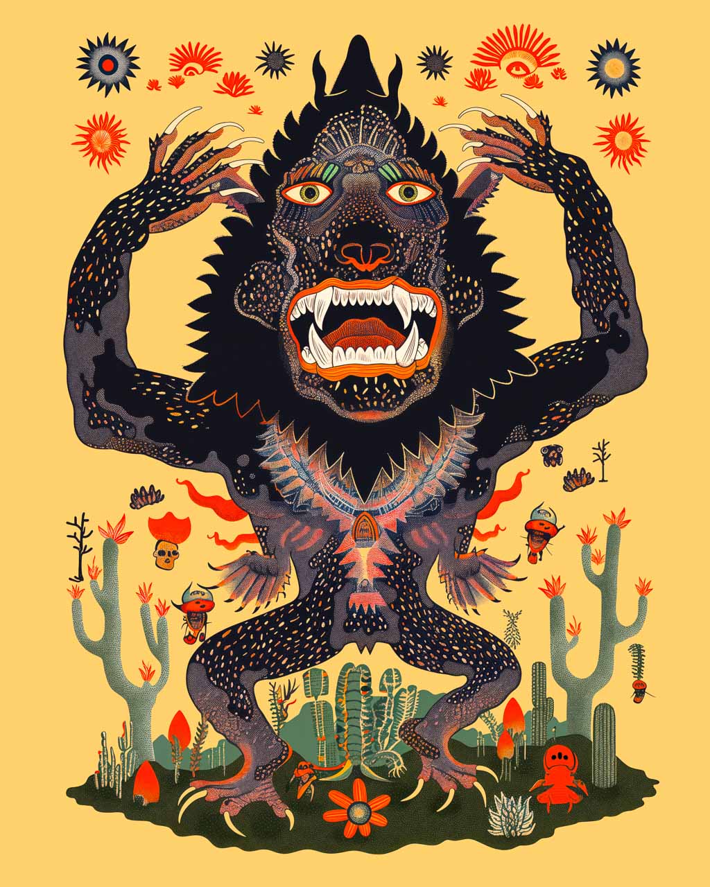 Surreal art poster featuring an illustration of a  fierce monster with big teeth.