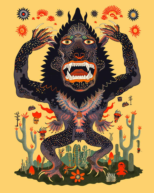 Surreal art poster featuring an illustration of a  fierce monster with big teeth.