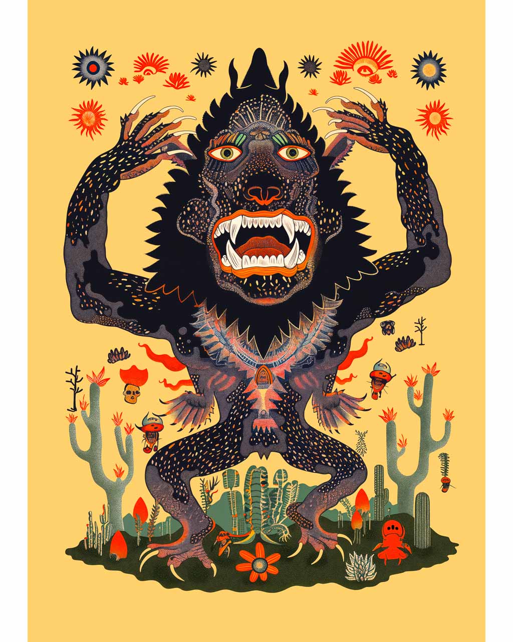 Surreal art poster featuring an illustration of a  fierce monster with big teeth.