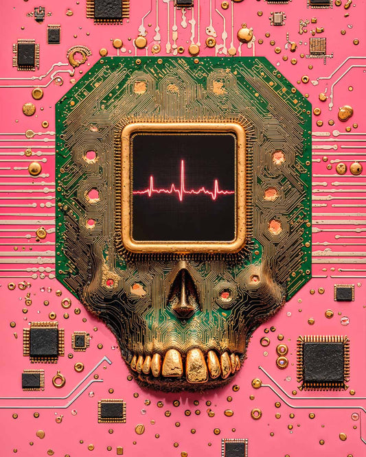 A surreal skull-shaped circuit board with a heartbeat monitor on a pink background.
