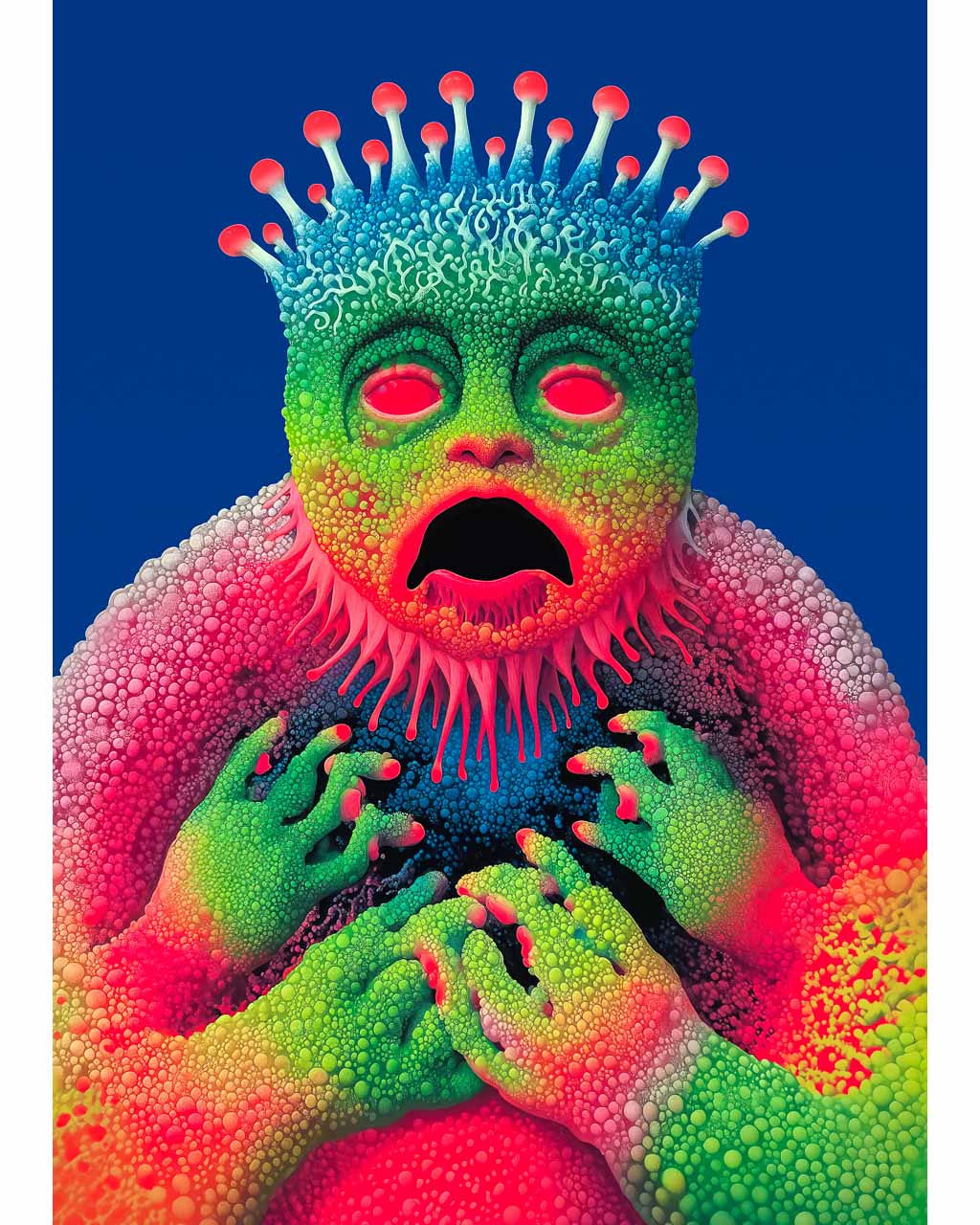 Surreal artwork with a germ-like figure, vibrant colours and intricate details.